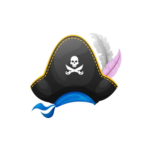 Пиратская Шляпа Веселым Черепом Роджера Скрещенными Костями Украшенными Перьями Голубой — стоковый вектор