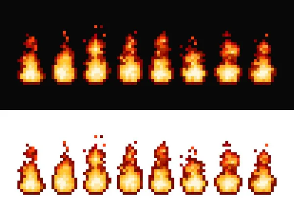 Fuego Llama Píxeles Arte Animación Sprite Frames Juego Bits Antorcha — Vector de stock