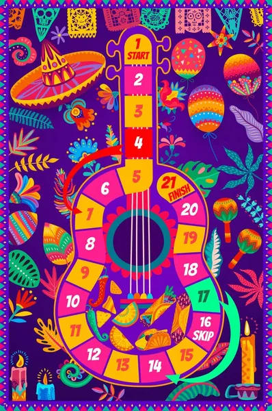 Jogo Tabuleiro Para Crianças Guitarra Mexicana Sombrero Flores Itens Férias — Vetor de Stock