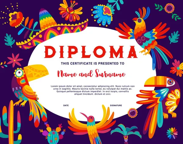 Kids Diploma Met Cartoon Mexicaanse Sombrero Toekan Papegaai Kolibrie Vector — Stockvector