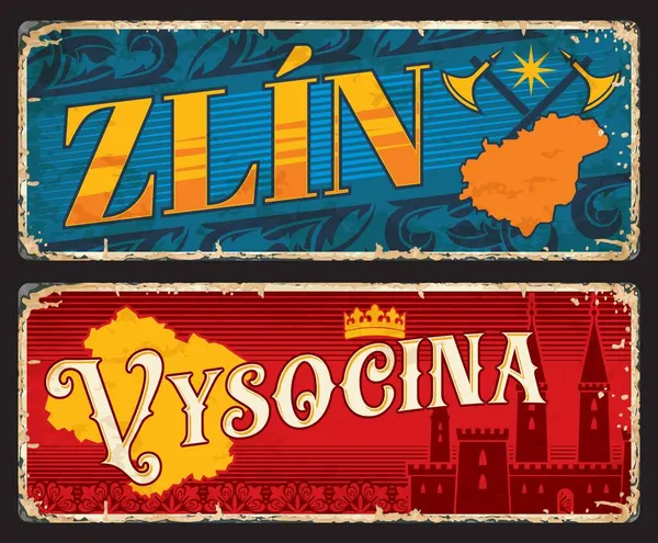 Zlin Vysocina Czech Bölge Plakaları Seyahat Etiketleri Haritalı Vintage Sancaklar — Stok Vektör