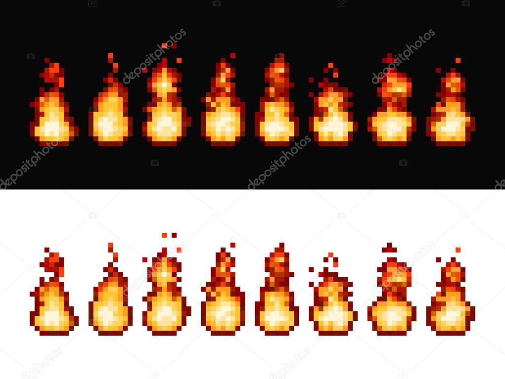 Fire flame pixel art animation sprite frames. 8bit game, cartoon torch motion set. Vector graphic explosion or burning ignition effect for videogame in vintage style, retro bonfire animation