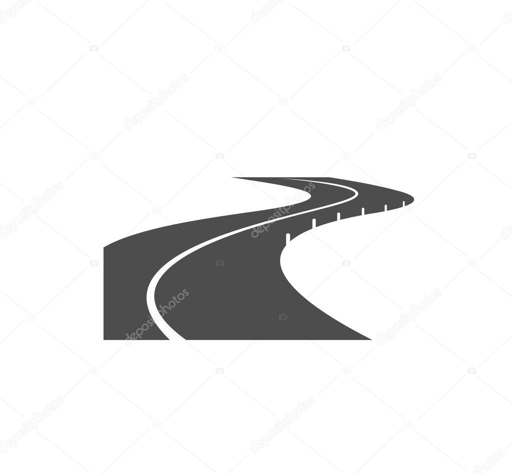 Road, pathway, highway vector icon. Winding paved asphalt way with fencing pillars. Curve two lane driveway with straight mark up line isolated on white background