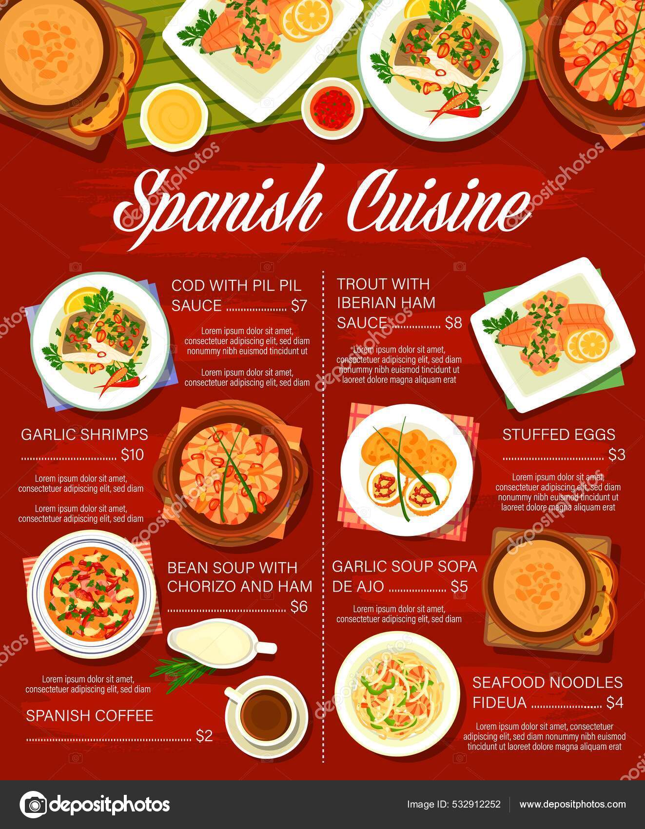 Spansk Matmeny Spansk Matretter Tapas Paella Eller Fideua Nudler Vektor  stockvektor © VectorTradition #532912252, image size:1323x1700