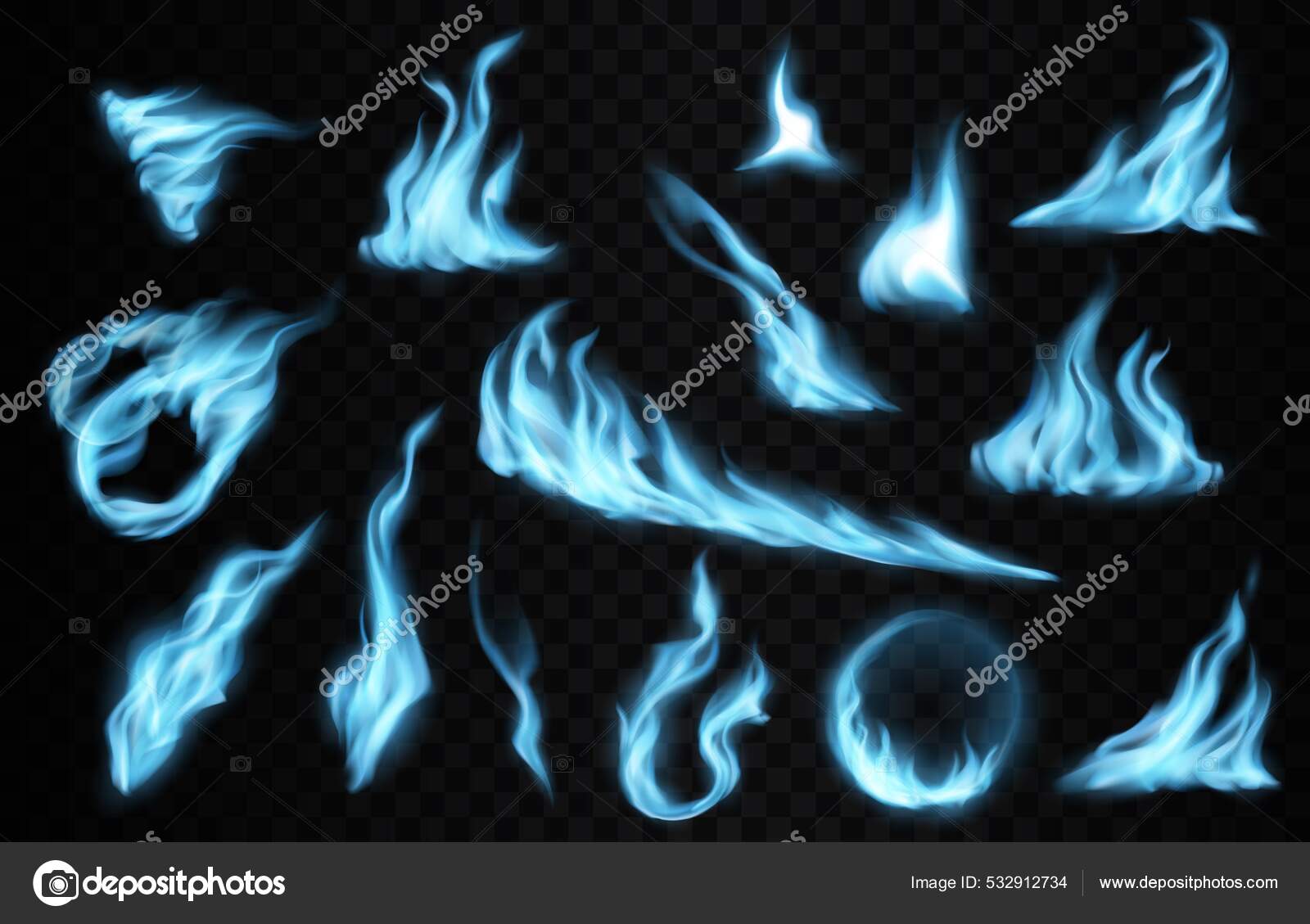 Queima de gás chamas de fogo azul, vetor fogueira chama efeito 3d para  animação. estágios de queima de pequeno a grande porte. fogueira de brilho  realista, elementos de design de flare brilhantes