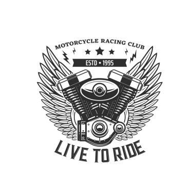 Kanatlı motosiklet motoru. Motorsporu yarışı, motokros sporu veya motosiklet kulübü, motosiklet tamiri ve tamirat garajı tek renkli vektör amblemi, kanatlı motorlu tişört retro baskısı