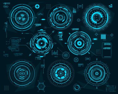 HUD fütüristik dairesel paneller. Bilim kurgu, web arayüzü, evet ya da iş görsel verileri. Sayısal vektör ekranını ya da kontrol paneli hologram elemanlarını istatistiksel bilgiyle göster