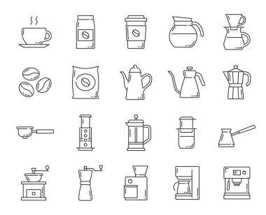 Kahve içilen aksesuarlar ikonları özetliyor. Damla ve espresso kahve makinesi, dumanı tüten fincan ve fasulye torbası, öğütücü, kahve ve moka, filtre kahve, sıcak kupa, Fransız ve Amerikan basın hattı pictogram