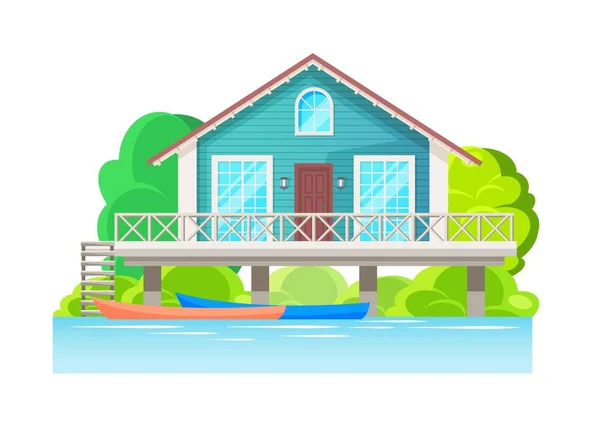 Modern House Wood Plank Facade Water Vector Building Flat Home — Stock Vector