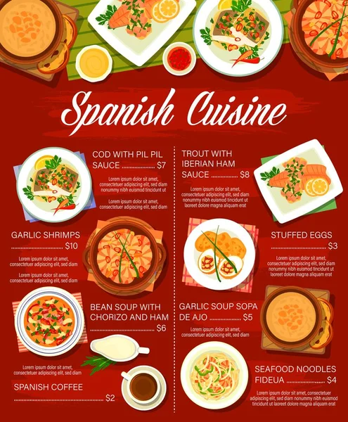 Menu Gastronomique Espagnol Plats Tapas Cuisine Espagnole Paella Méditerranéenne Nouilles — Image vectorielle
