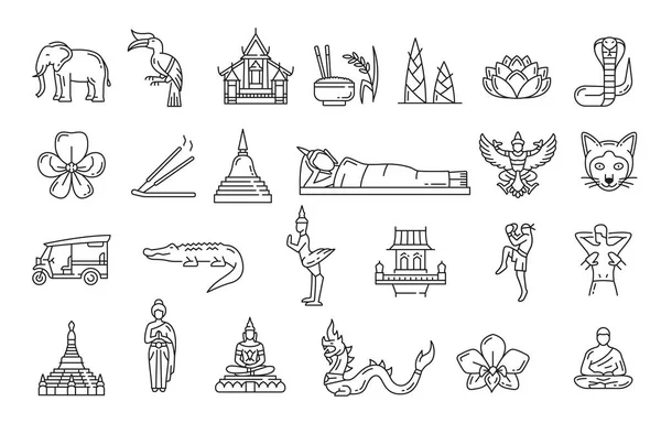 Thailand Reisesehenswürdigkeiten Und Thailändische Nationalsymbole Vektor Ikonen Von Tempeln Und — Stockvektor