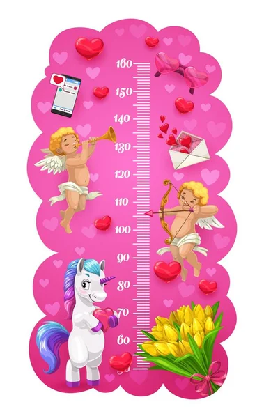 Cupidons Licorne Coeur Amour Enfants Tableau Taille Avec Des Ballons — Image vectorielle