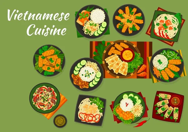 Vietnamská Kuchyně Pokrmy Vektorové Asijské Jídlo Zeleninou Ryby Maso Mořské — Stockový vektor