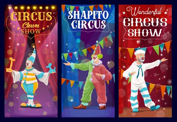Shapito Circus Clowns Harlekijnfiguren Cartoon Vector Funsters Heldere Kostuums Het — Stockvector