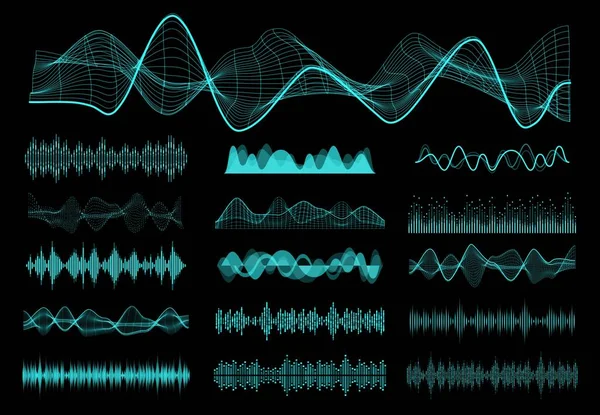 HUD sound waves, audio equalizer and voice control frequency flow elements set. Radio signal, music waveform and soundwave spectrum, sound volume, vibration power neon vector curves