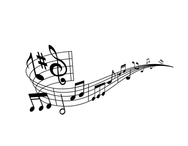 音楽スタッフの音楽波 ノート 鋭いキー 高音のクリーフやバーライン クラシックメロディー 曲や曲の音楽表記記号とベクトルラウンド渦 ピアノのためのシート音楽の分離曲線 — ストックベクタ