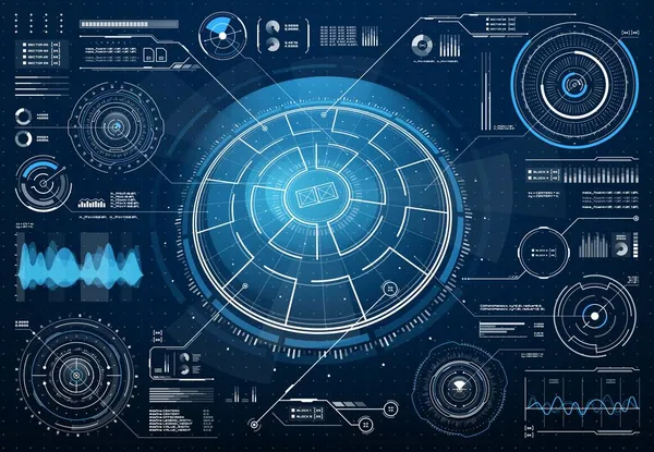 Hud Sci Fi接口具有圆形目标目标控制 雷达和声音检查矢量图形元素 游戏用户界面 程序或应用程序用户界面 未来主义设计图 圆形图表和波浪 — 图库矢量图片