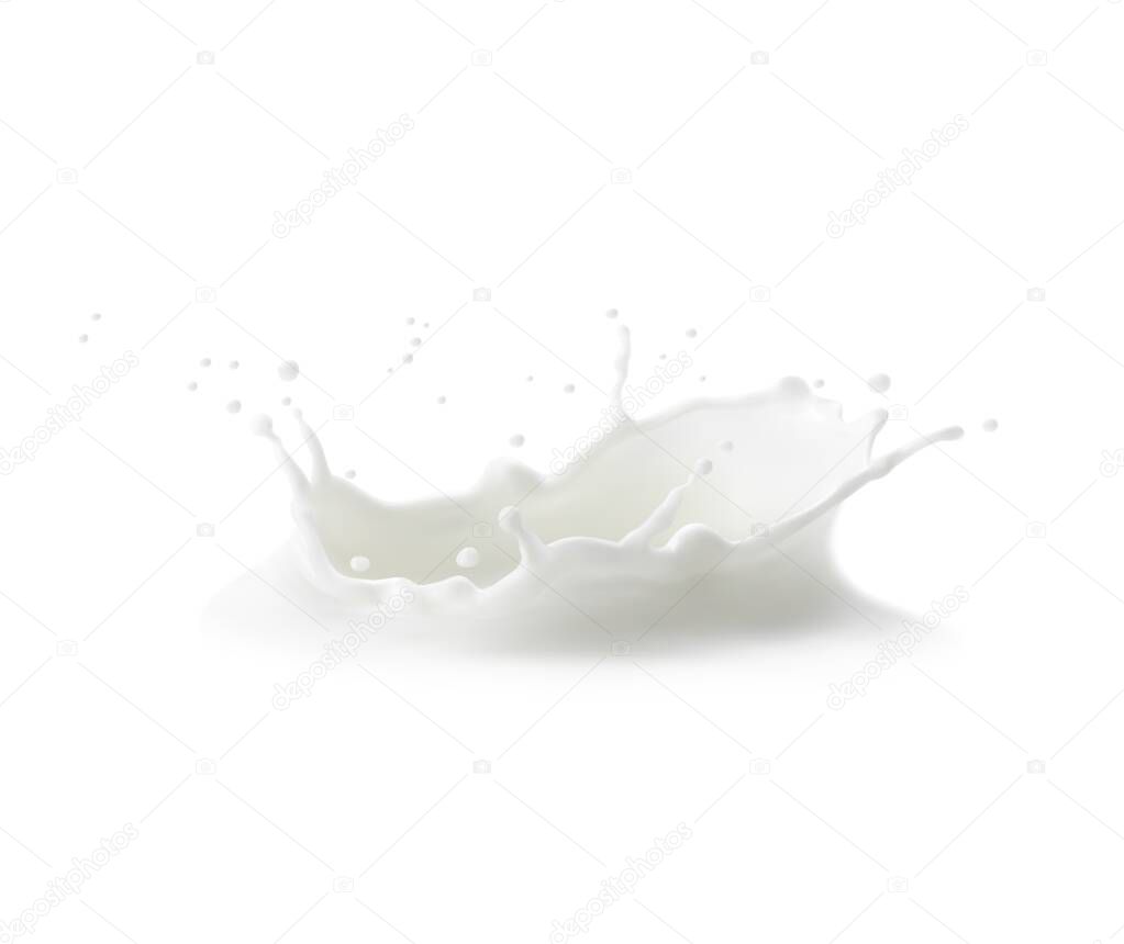Milk crown splash with splatters and white milky drops, vector liquid yogurt swirl. Milk splash crown or cream drink pouring wave of dairy product. 3D realistic milky flow spatter