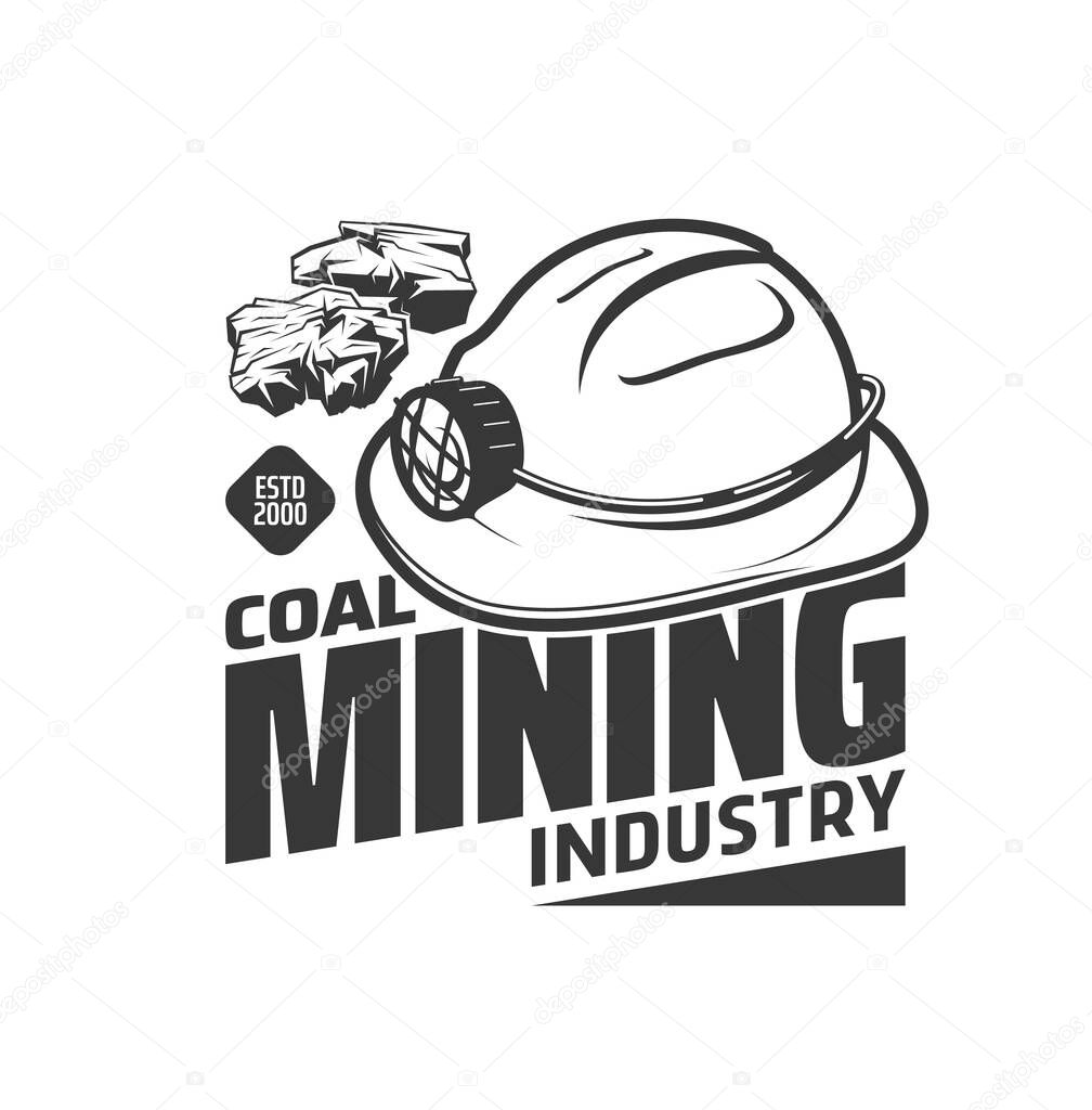 Mining industry icon with miner hat and coal or ore, vector. Coal mine or quarry excavation factory mining equipment and tools, hardhat with lamp, metal ore production and extraction