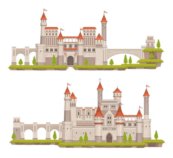 卡通画中世纪童话般的石头城堡 门和旗子 幻想王国城堡 王宫或豪宅 骑士城堡或城堡中孤立的病媒建筑 — 图库矢量图片