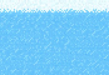 Kübik piksel oyunu. Kar, buz ve su blokları arka plan, vektör deseni 8 bit sanat. Bilgisayar oyunu seviyesi arayüzü için kübik piksel veya mozaik 8bit grafikli mavi nehir veya göl suyu