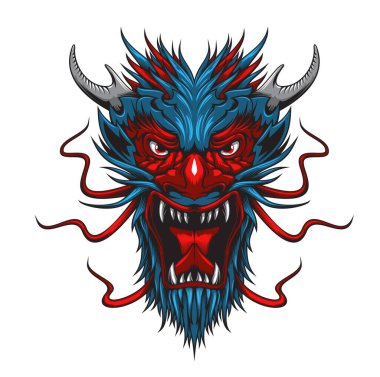 Cartoon asian dragon monster beast mascot head. China, Japan or Thailand mythology monster, fantasy creature or zodiac animal vector angry face. Furious roaring dragon with horns and sharp fangs vector Cartoon asian dragon monster beast mascot head. China, Japan or Thailand mythology monster, fantasy creature or zodiac animal vector angry face. Furious roaring dragon with horns and sharp fangs vector
