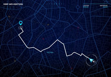 Şehir haritası navigasyon arayüzü. GPS navigatör vektör ekranı, sokak yolları ve konum geçmişi. Şehir haritası hedef pin, pusula ve trafik rotası okları ile arayüzü