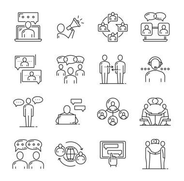 İş adamı sohbet kurye, iletişim ve mesaj vektör çizgisi simgeleri destekleyin. Chatbot ya da bot kurye uygulama arayüzü ve çevrimiçi müşteri desteği ya da web danışma servisi için masa başı penceresine yardım