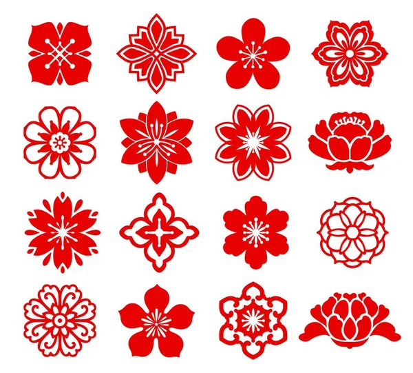 Red Asian Floral Chinese Japanese Korean Flowers Vector Icons China — Stock Vector