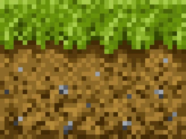 Pixel Grass Ground Blocks Vector Pattern Cubic Pixel Game Background — Stock Vector