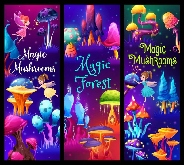 Fée Dans Forêt Fantastique Champignons Magiques Bannières Vectorielles Conte Fées — Image vectorielle