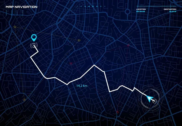 Interfaz Navegación Del Mapa Urbano Navegador Gps Pantalla Vectorial Carreteras — Vector de stock