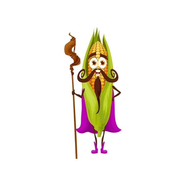 ケープ隔離された漫画のキャラクターで魔法のクルックとトウモロコシのコブ野菜ウィザード ベクトル笑みを浮かべて感情の妖精の魔術師 子供の農場の庭の食べ物 髭や顔に口ひげを生やした面白い野菜 — ストックベクタ