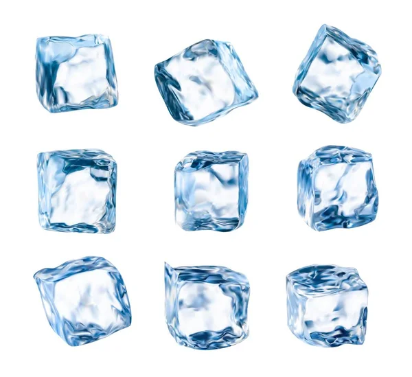 孤立的冰块 现实的水晶冰块 白色背景的透明碎片 3D矢量蓝色冰块 用于饮料冷却 方形冰冻水块 装酒精或鸡尾酒饮料 — 图库矢量图片
