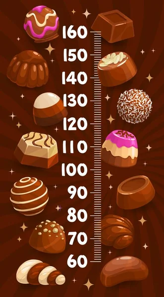 チョコレートマジパン トリュフとプラリネ ヌガー ローストナッツキャンディーのお菓子と子供の高さチャート 子供たちの成長は カカオクリームとお菓子 チョコレートデザートやキャンディーでスケールを測定します — ストックベクタ