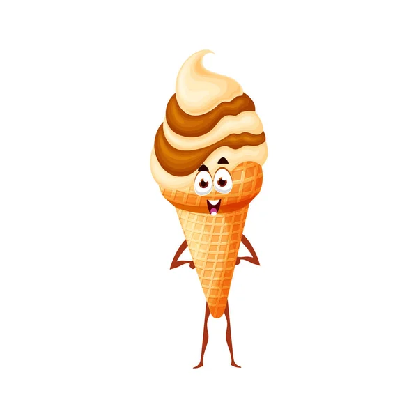 Helado Vainilla Chocolate Cono Gofre Aislado Personaje Divertido Dibujos Animados — Vector de stock