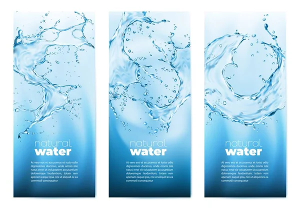 Naturligt Rent Vatten Realistiska Genomskinliga Blå Vatten Stänk Med Droppar — Stock vektor