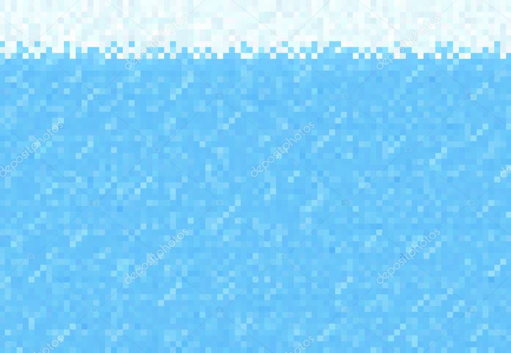 Cubic pixel game. Snow, ice and water blocks background, vector pattern of 8 bit art. Blue river or lake water with cubic pixel or mosaic 8bit graphic for computer video game level interface