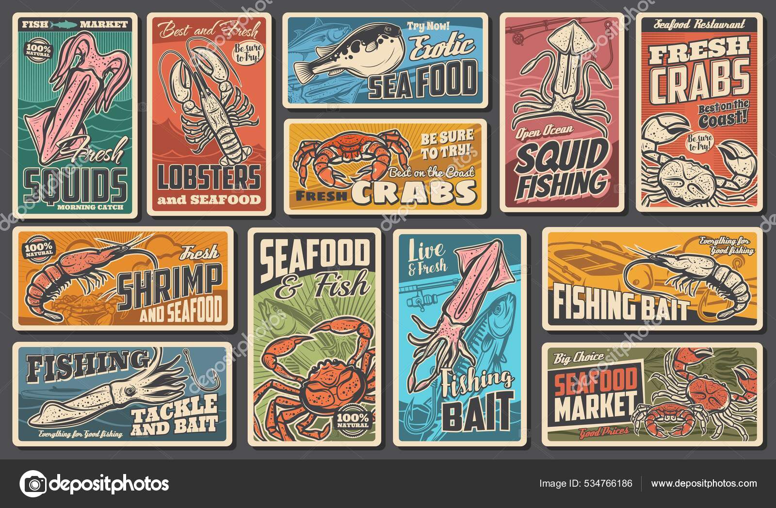 Seafood Fishing Vector Retro Banners Puffer Fish Squid Crab