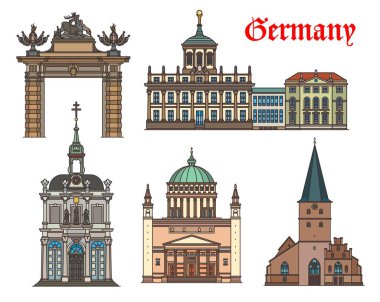 Almanya kiliseleri ve katedralleri, Potsdam ve Bonn mimarisi ve seyahat yerleri, vektör. Potsdamer Stadttor veya Jagertor, Bonn 'daki St. Remigius Kilisesi, Potsdam' daki Nikolaikirche ve Kreuzbergkapelle