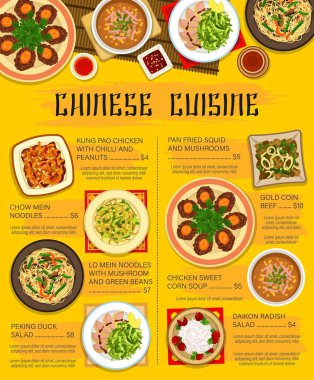 Çin yemeği, mutfak yemekleri ve restoran menüsü, Çin ve Asya yemekleri vektörü. Fasulye ve Pekin ördeği, gurme et ve deniz ürünleri çorbası, dünya mutfağı.