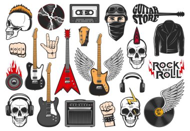 Rock müzik, rock and roll 'un vektör ikonları, ağır ve grunge metal gitarlar, hoparlörler ve kulaklıklar. Mohawk, yıldırımlar ve ateş alevi, plak kaydı ve ses kaseti olan rockçı kafatasları.