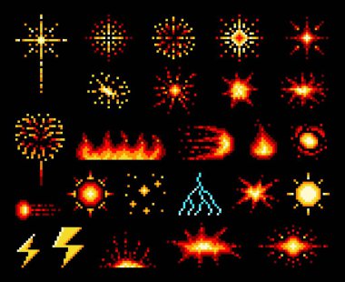 8 bit piksel alevler, patlama alev topları ve patlamalar ya da yıldırımlar ve flaş vektör simgeleri. 8bit piksel sanat oyunu varlığı ve atari salonu veya bomba atıcısı dövüşü için GUI ögeleri
