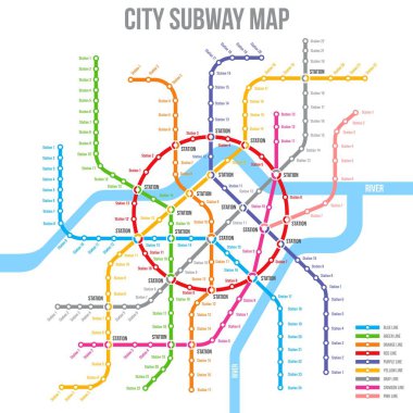 Metro, metro ya da yeraltı haritası, şehir tren istasyonları, vektör taşıma şeması. Metro ya da metro tüneli ve tren güzergahları toplu taşımacılık ağı haritası planı