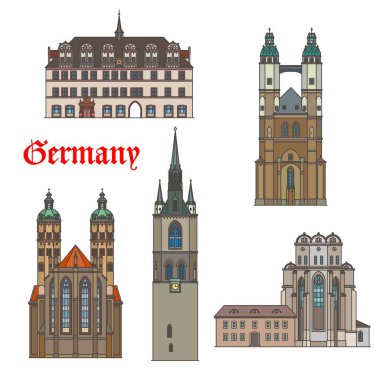 Alman mimari binaları ve evleri, Naumburg 'un vektör seyahat simgeleri. Sachsen Anhalt 'ın Alman mimarisi, Halle Dom Katedrali, Marktkirche, Sankt Peter ve Paul Kilisesi