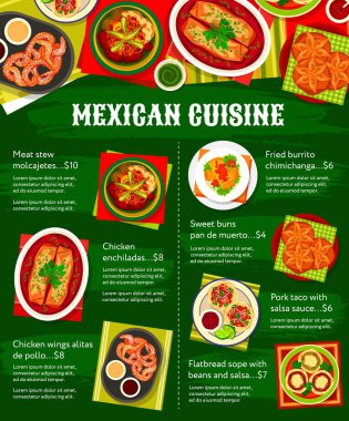 Meksika yemeği, mutfak yemekleri ve restoran menüsü, vektör akşam yemeği ve Meksika restoranında öğle yemeği. Meksika mutfağı geleneksel et, tavuk enchilada ve tatlı çörekler, Latin mutfağı.