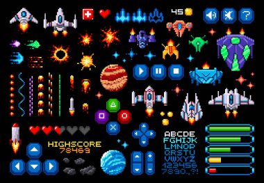 Uzay gezegenleri, roketler ve yıldız araçları, vektör yazı tipi ve pikselli oyun düğmeleri için 8bit piksel sanat eseri varlığı. 8 bit piksel oyun navigasyon düğmeleri, güç çubukları, uzay gemisi ve asteroitler, yıldızlar, patlamalar