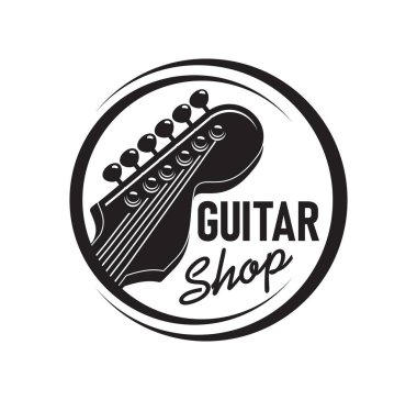 Gitar dükkanı ikonu, akustik müzikal gitar retro vektör işareti. Caz veya canlı müzik performansı için bas veya telecaster tamponu olarak rock veya pop grubu ve konser gitarları olan müzisyen enstrümanları mağazası