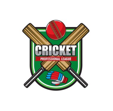 Çapraz sopalı kriket ikonu ve yeşil sahada eldivenli top. Profesyonel spor liginin, kulübün, takımın ya da şampiyonluk maçının simgesi. Spor malzemeleriyle izole etiket tasarımı