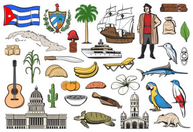 Küba seyahat ikonları, Havana turizm simgeleri ve Karayip gösterileri, vektör. Küba bayrağı ve haritası, sahil beldesi, Columbus teknesinin gezi ve eğlence sembolleri, egzotik tropikal meyve ve çiçekler.